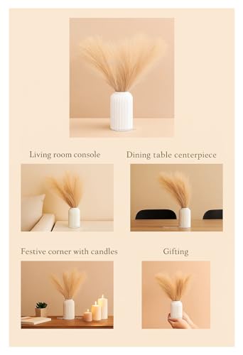 Image of SPHINX Ceramic Vase with Artificial Flowers| Flower Vase Pot for Home Decor,Living Room,Dining Table & Office|Modern Boho Minimalist Centerpiece for Decoration,Gifting (Ribbed with Pampas)