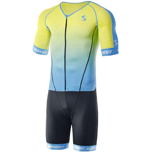 Synergy Triathlon Tri Suit - Trisuit masculino de manga curta profissional, Amarelo/Aqua, GG