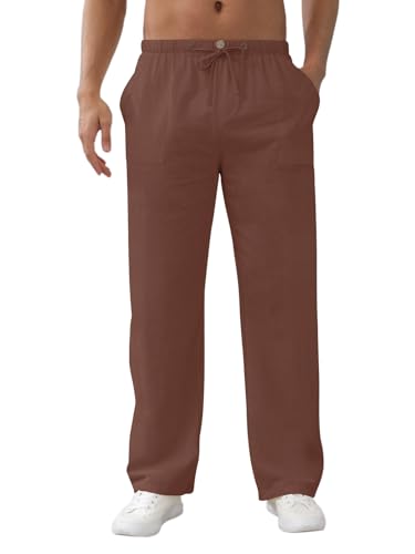 Aisprts Pantaloni Uomo Estivi Pantaloni in Lino Pantaloni Uomo Estivi Leggeri Pantalone Larghi per Il Tempo Libero con Tasche, Elastico in Vita e Coulisse, Marrone, M