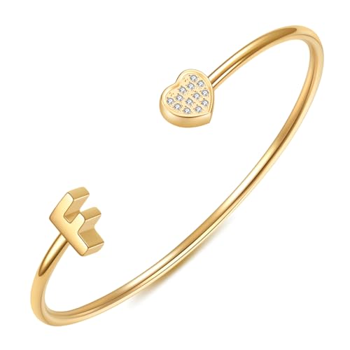Image of VQYSKO Heart Initial Cuff Bracelets for Woman-CZ Stainless Steel Adjustable Open Bracelet Woman Jewellery,Birthday Gifts for Woman