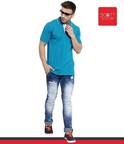 Image of Scott International Men's Organic Cotton Regular Fit Polo T-Shirt (Turquoise Green with White, Medium)