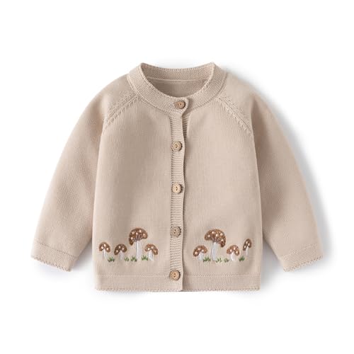 DaZhangGui Baby Girl Knit Cardigan Sweater with Mushroom Embroidery, Toddler Boy Cotton Top (US, Age, 1 Year, 2 Years, M-Beige)