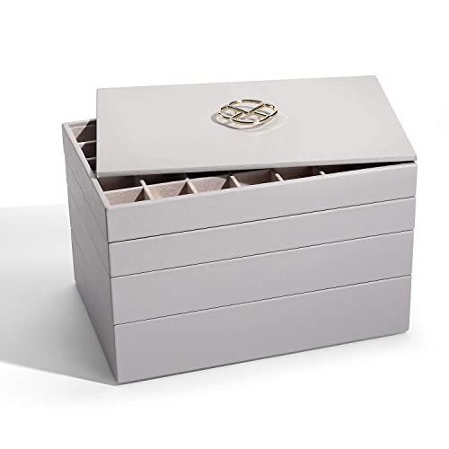 Vlando Stackable Jewelry Tray - Multipurpose Jewelry Accessories Display Storage and Organizer for Earring Necklace Bracelet Ring, Grey, Large - 4-Layer w/Lid