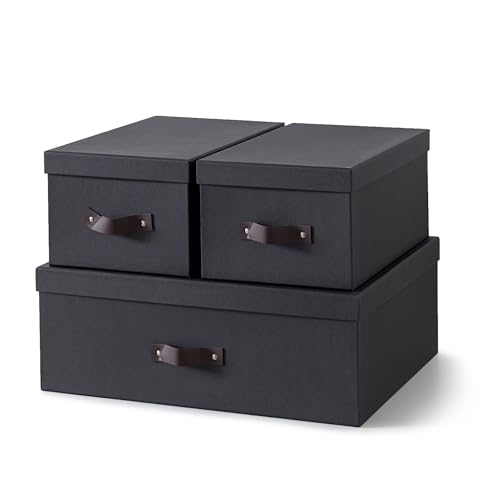 Soul & Lane Decorative Storage Boxes with Lids – Set of 3 (One Large and Two Medium), Sturdy Cardboard Organizers for Photos, Versatile Boxes with Handles for Office & Home, Dark Gray