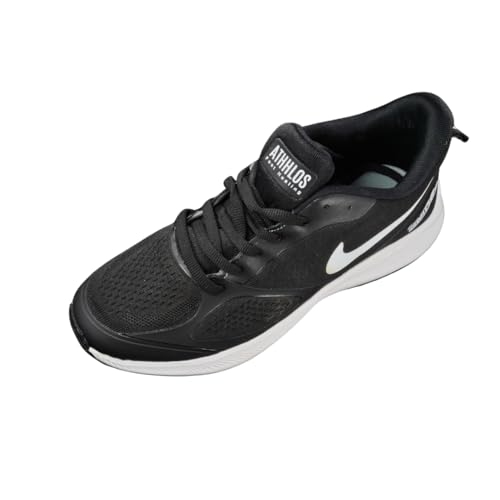 Image of Athletic Running Shoes, Breathable Mesh, Black and White, Cushioned Sole