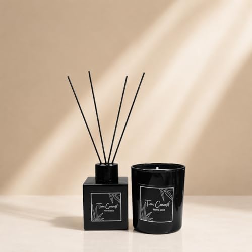 Tiem Consept Vanilya Kokulu Dekoratif Oda Kokusu Seti - 150g Kokulu Mum & 100 ml Çubuklu Oda Kokusu (Siyah, Vanilya)