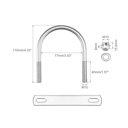 Image of uxcell Round U-Bolts, 2 Sets 77mm(3.03 inch) Inner Width 110mm Length M10 304 Stainless Steel U Clamp Bolt with Nuts Washers and Plates, for Boat Trailer
