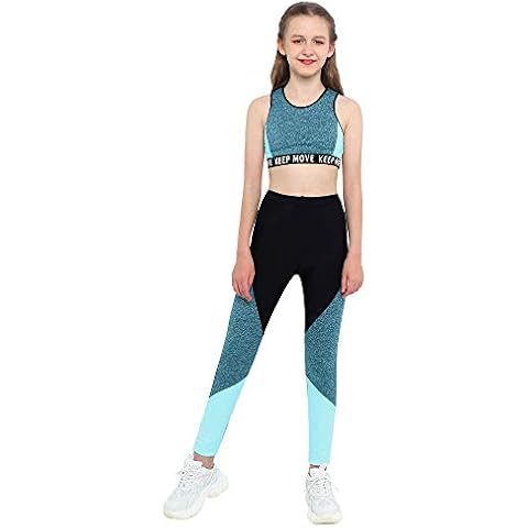 iEFiEL Kinder Trainingsanzug Mädchen Sport BH Weste + Leggings Sportlich Jogginganzug Druck Sportanzug Jumpsuit Große 98-176 Blau 158-164 Cover