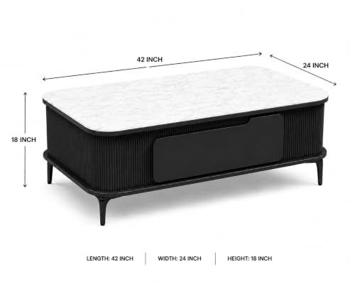 Image of WOODEN SPACE Premium Solo Marble-Top Wooden Center Table for Living Room | Iron Legs | PVD Coating | Modern Entryway Furniture | Coffee Table (Black, 42x24x18 Inch)