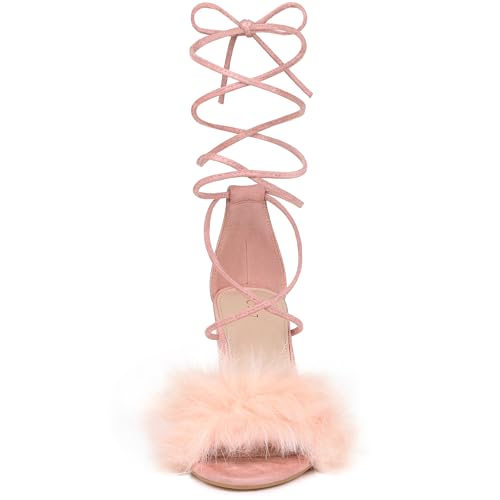 Allegra K Women's Faux Fur Lace Up Strappy Chunky Heels Pink Sandals 7 M US