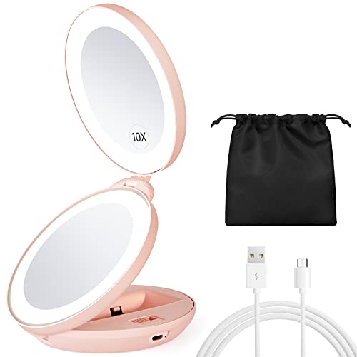 KEDSUM Rechargeable Lighted Makeup Mirror with Cover, LED Travel Mirror with Lights, Compact Vanity Mirror with Touch Screen Dimming, with a Magnification Pocket Spot Mirror