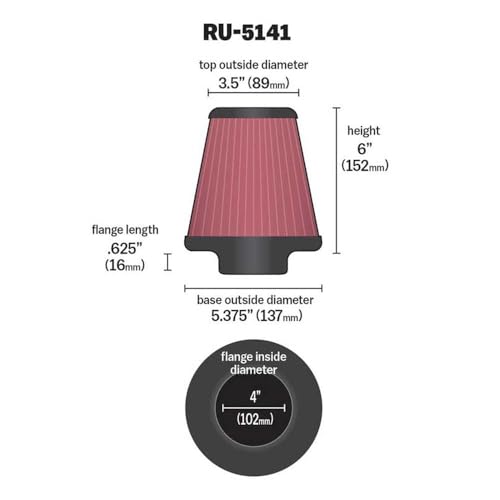 Image of K&N Universal Clamp-On Air Filter: High Performance, Premium, Washable, Replacement Filter: Flange Diameter: 4 In, Filter Height: 6 In, Flange Length: 0.625 In, Shape: Round Tapered, RU-5141