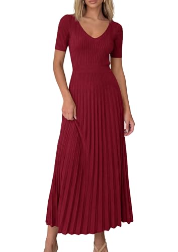 Image of PRETTYGARDEN Women's 2026 Spring Midi Sweater Dresses Elegant Pleated Ribbed Knit Short Sleeve V Neck A Line Summer Outfits