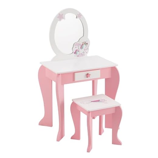 Kids Vanity Table and Stool Set, Girls Vanity Set with Detachable Mirror and Drawer, 2 in 1 Princess Makeup Dressing Table and Writing Desk for Little Girls (Unicorn)