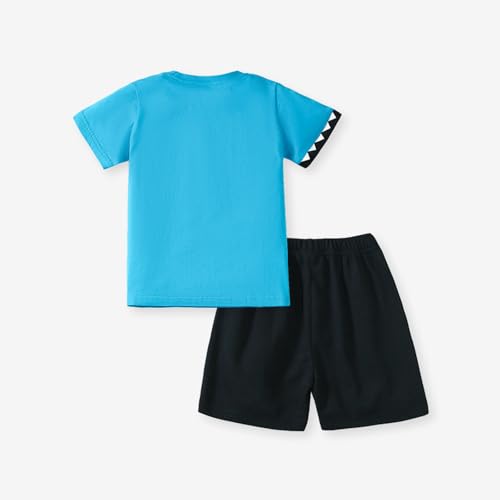 Image of HILEELANG Little Boy Summer Short Clothes Sets Outfits Easter Cotton Blue Shark Tee Shirts Pocket Adjustable Knite Shorts Playwear Sets Size 7