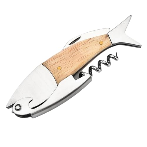 Kissmii Abrebotellas de vino en forma de pescado con mango de madera, abrebotellas de metal, abrebotellas portátil, abrebotellas de vino como regalo