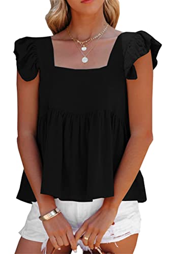 WIWIQS Women's Ruffle Sleeve Crew Neck Vest Tops Summer Elastic Square Neck Blouses