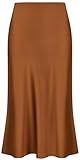 Keasmto Brown Skirts for Women Midi Length High Waist Satin Silk Summer Casual Hidden Elasticized Waistband Skirt L