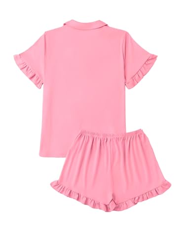 LYANER Women's Button Down V Neck Short Sleeve Ruffle Trim Top with Shorts Sleepwear Pajamas Set2