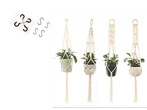 WINCSPACE Makramee-Pflanzenhänger zum Aufhängen, Pflanzgefäße mit Holzperlen, 4 Stück, handgefertigt, Baumwollseil, mit 8 Haken, für drinnen und draußen, Boho-Heimdekoration Cover