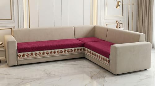 Image of Velvet Quilted Sofa Cover Mat Seat & Back, L Shape 3+2, Main L69in Chaise L46in H32in, Maroon Color,Anti Skid Backing, 6in Hanging Strap Design, Washable S, Style -Maroon-L32