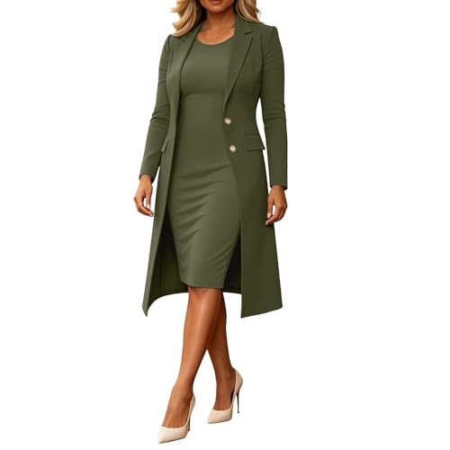 formal dress with coat outfits Women's 2 Piece Set, Long Sleeve Blazer and Sleeveless Midi Sheath Dress, Elegant Workwear Outfit for Office & Wedding Guest Fashion Above Knee Scarpe donna Women's Cotton Linen Dress Color:Emerald/Gold