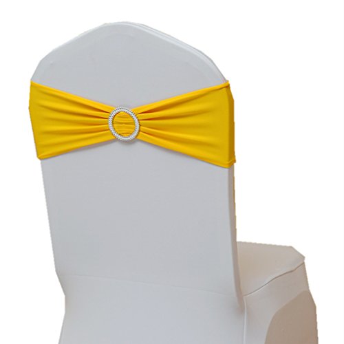 Fvstar 10pcs Chair Sashes Bows Decorative Elegant Wedding Chair Sashes Spandex Party Chair Ties Bands Elastic Chair Ribbons with Buckle for Event Baby Shower Birthday Christmas New Year Banquet,Yellow