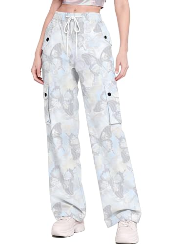 Image of Betusline Girls & Women's High Waist Wide Leg Cargo Pants Y2K Parachute Pants with Pockets and Drawstring 6 Years-Women 2XL
