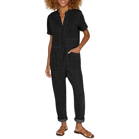 Tongmingyun Women's Casual Denim Jumpsuits Loose Short Sleeve V-Neck Button Up Long Pants Rompers Cover