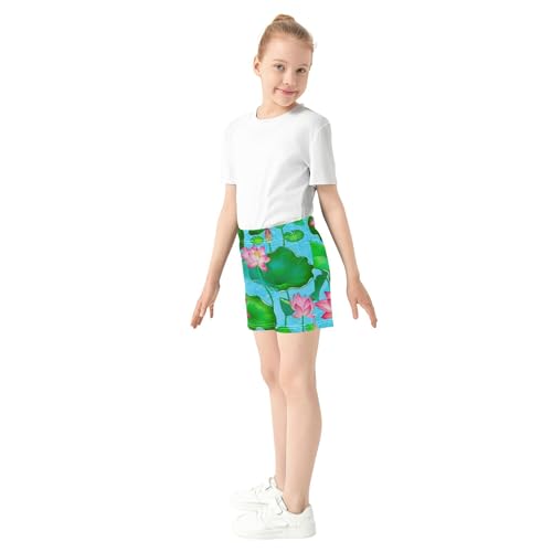 Girls Athletic Shorts Vibrant Pink Lotus Green Leaves Cute Floral Summer Comfy Pajama Shorts Kids Teens, X-Small4