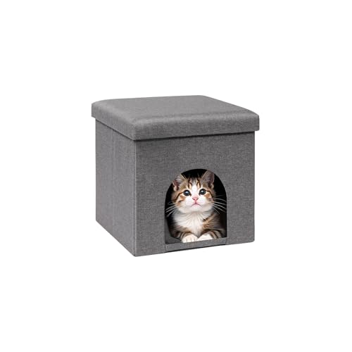 PINPLUS Cuccia per Gatti con Cuscino, Sgabello Pieghevole per Gatto, Cubo Contenitore Stabile con Coperchio Rimovibile, Rifugio Accogliente per Dormire e Giocare