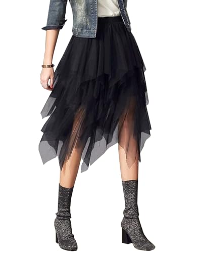 Jogold Tulle Skirts for Women 3 Layered High Waisted Asymmetrical Midi Elastic Waist Mesh Tutu Skirt for Halloween Christmas Party Dressy Casual #1 Black One Size