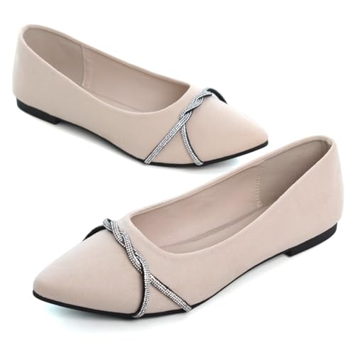 Image of TN TANGNEST Womens Casual Flats Chain Ballet Flats | Fashion Pointed Toe Rhinestone Flats, Comfort Slip On Dress Shoes for Business Work Office Wedding Party