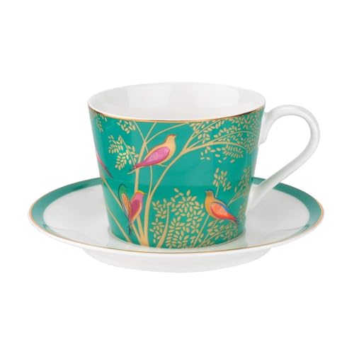 Portmeirion Sara Miller Chelsea 8oz Porcelain Tea Cup with Saucer, Green with 22K Gold Trim - Featuring Birds on a Leafy Tree - Elegant Tea Party Set for Picnic Moments - Thoughtful Chinaware Gift