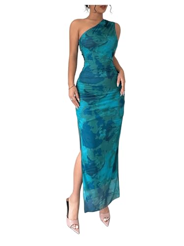 Milumia Women's Printed One Shoulder Bodycon Maxi Dresses Slit Cocktail Party Long Dresses