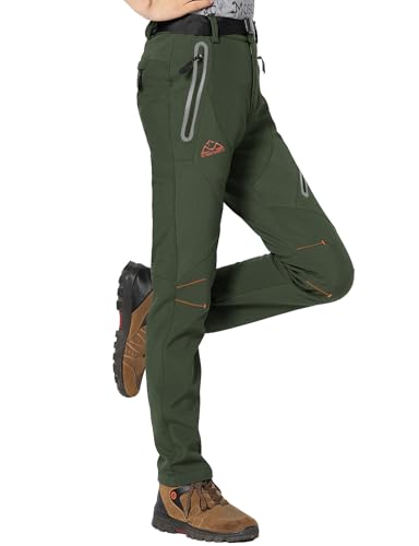 Rdruko Softshellhose Damen Winter Skihose Wasserdicht Thermohose Gefüttert Warm Winterhos Outdoorhose Wanderhose Trekkinghose mit Taschen (Rein Olivgrün, M)