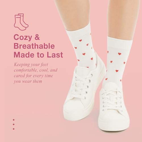Image of Women's Cute Heart Pattern Crew Socks - 3 Pairs Colorful Novelty Gift Set - Soft Cotton Cozy Socks for Casual Wear