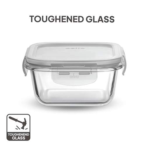 Image of CELLO Royale Glass Lunch Box Set of 3 Pcs with Jacket, Clear | Microwave & Dishwasher Safe 3 x 320ml Square Glass Containers |Leadfree, Leakproof, Airtight Clip Lock Lid Tiffin Box For Office & Travel