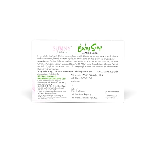 Sunny Herbals Baby Soap | Made with Milk, Besan, Glycerine & Olive Oil | Gently Cleanses | Deeply Moisturizes | Softens Baby Skin | Mild & Safe Formula | Best for Delicate Baby Skin, 75 gm (Pack of 4)