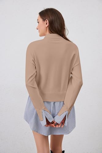 Image of Women Turtleneck Slit Patchwork Knit Pullover Sweater 2 in 1 Asymmetrical Hem Striped Button Down Shirt Tops