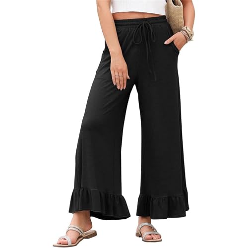 Womens Casual Lightweight Drawstring Elastic Waist Pants Womens Wide Leg Pant High Waisted Ruffle Hem Palazzo Pant2