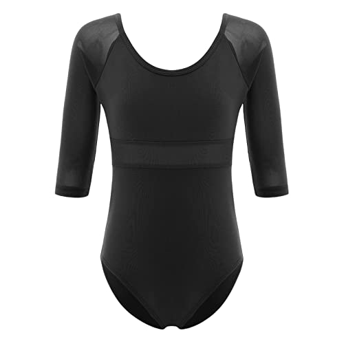 Runhomal Justaucorps Danse Classique Fille Enfant Manche 3/4 Courtes Tenue de Gymnastique Survêtement Leotard Sport Yoga Ballet 3-16 Ans Noir 13-14 Ans Cover