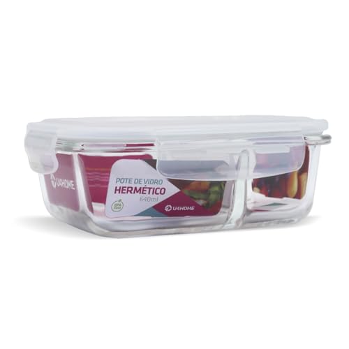 Pote de Vidro Retangular com Divisória e Tampa Hermética 640ml Branco