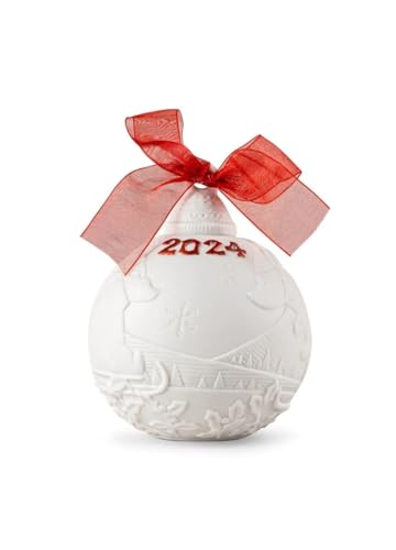 LLADRÓ Christmas Ball 2024 Re-Deco Red. Decorative Ornament in Matte Porcelain with Red Details. Porcelain Christmas Ball #18481