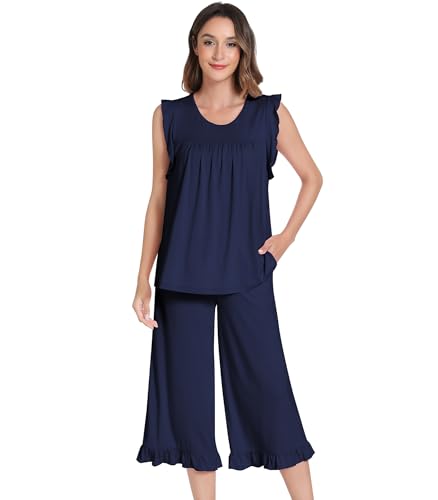 Image of NACHILA Bamboo Viscose Pajamas for Women Pleated Ruffle Tank Top Pjs Set