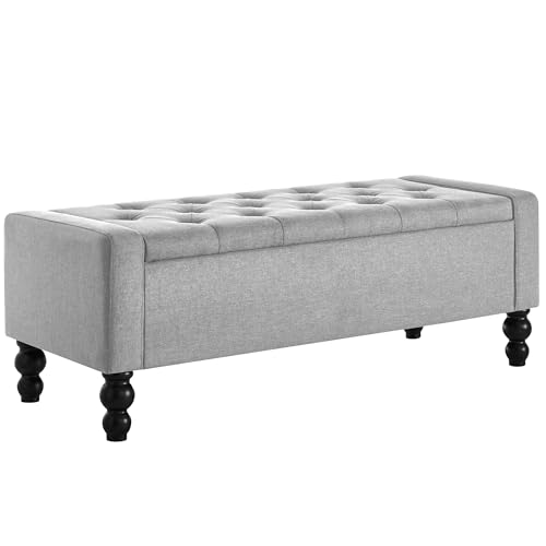 Image of 50 inch W Storage Ottoman Bench with Safety Hinge, Load up to 660 lb Ottoman with Storage, Upholstered Tufted Entryway Bench with Seating for Living Room, Bedroom, Light Gray