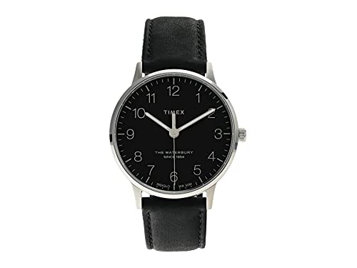 Timex Waterbury 40mm Herrenuhr - Edelstahlgehäuse mit Schwarzem Zifferblatt und Schwarzem Lederarmband TW2V01500