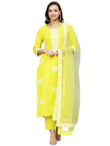 Image of GoSriKi Women's Cotton Blend Straight Embroidered Kurta with Pant & Dupatta