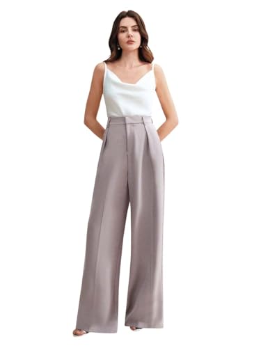Image of KOTTY Women's High Waist Wide Leg Trousers | Solid Relaxed Fit Pants for Office, Casual Soft Flowing Polyester Blend Pants for Women