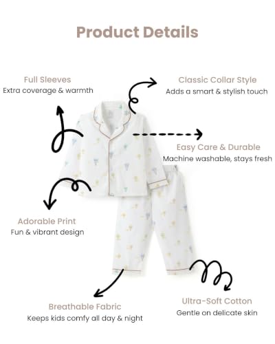 Image of Girls Premium Cotton Full Sleeves Printed Nightsuit Set | Collar Style Night Dress for Girls | Soft & Breathable Pajama Set | Trendy Kids Sleepwear & Nightwear